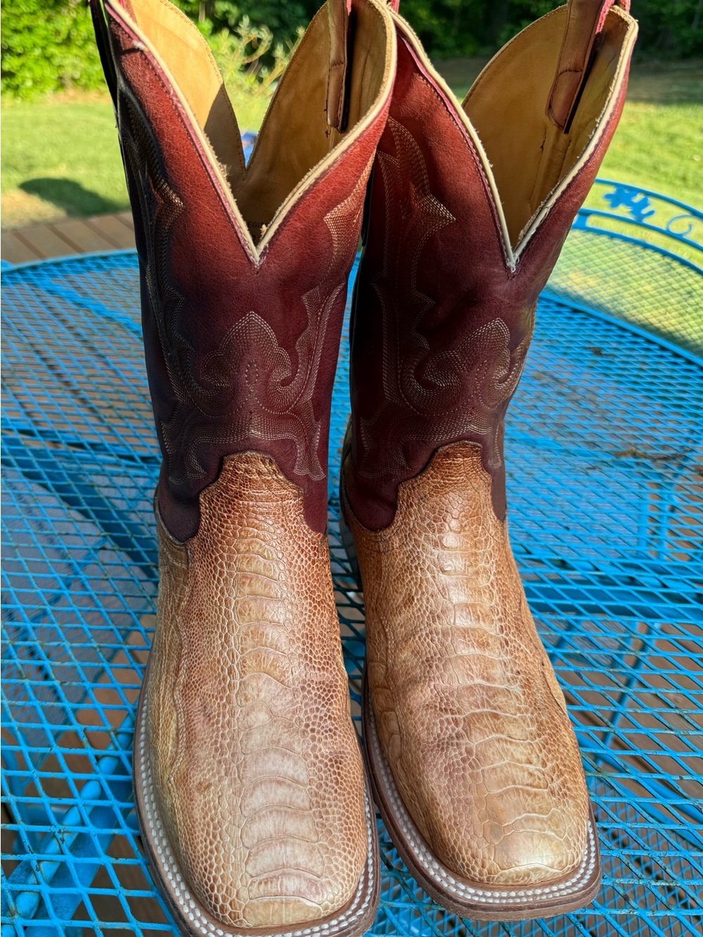 Corral Two-Tone Tan Foot Burgundy Shaft Exotic Leather Cowboy Boots